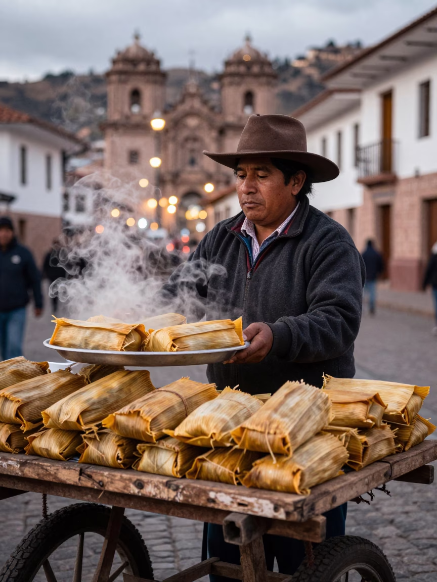 Food Vendor in Cusco at As City Lights Begin To Glow in in Cusco, Peru