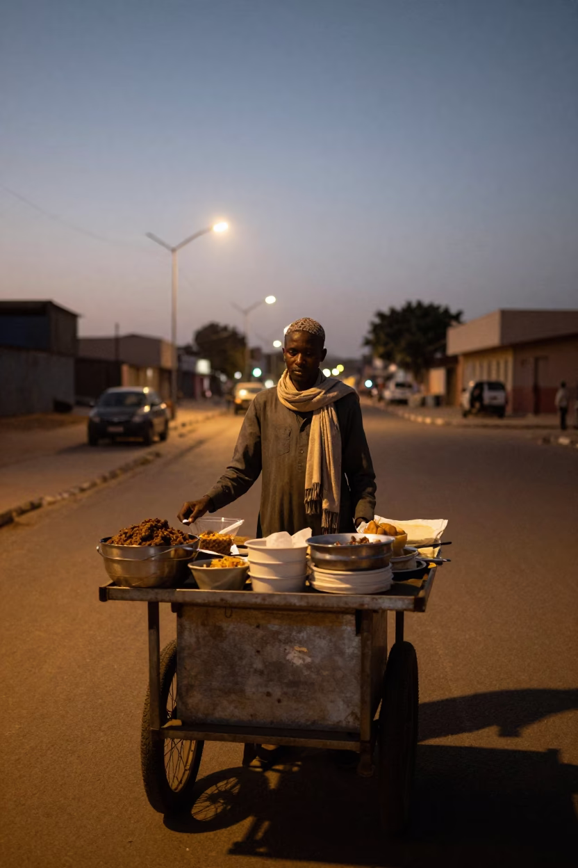 Food Vendor in Dakar at The Predawn Darkness Light in in Dakar, Senegal