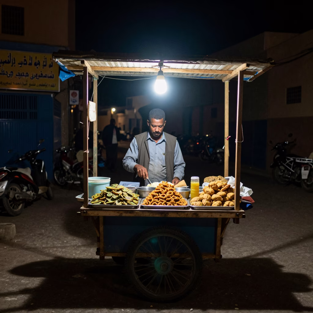 Food Vendor in Fez at Deep In The Night Light in in Fez, Morocco