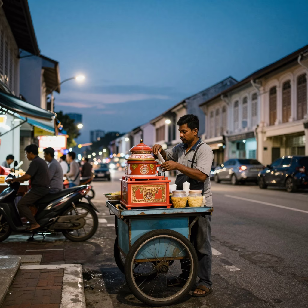 Food Vendor in George Town at As City Lights Begin To Glow in in George Town, Malaysia