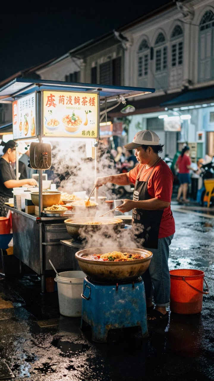 Food Vendor in George Town at Deep In The Night Light in in George Town, Malaysia