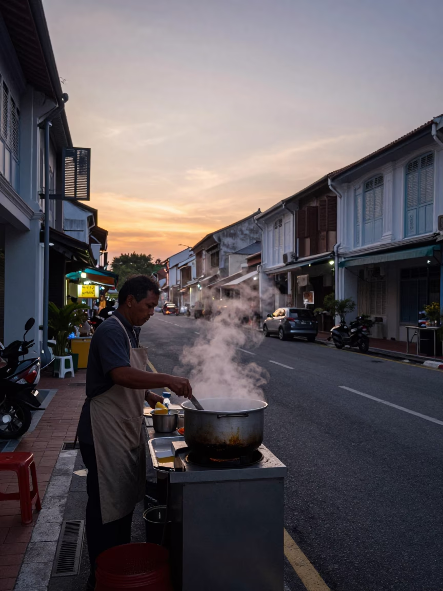 Food Vendor in George Town at The Still Hours Before Dawn Light in in George Town, Malaysia