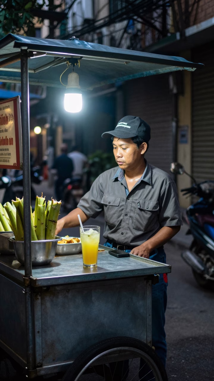 Food Vendor in Hanoi at Deep In The Night Light in in Hanoi, Vietnam