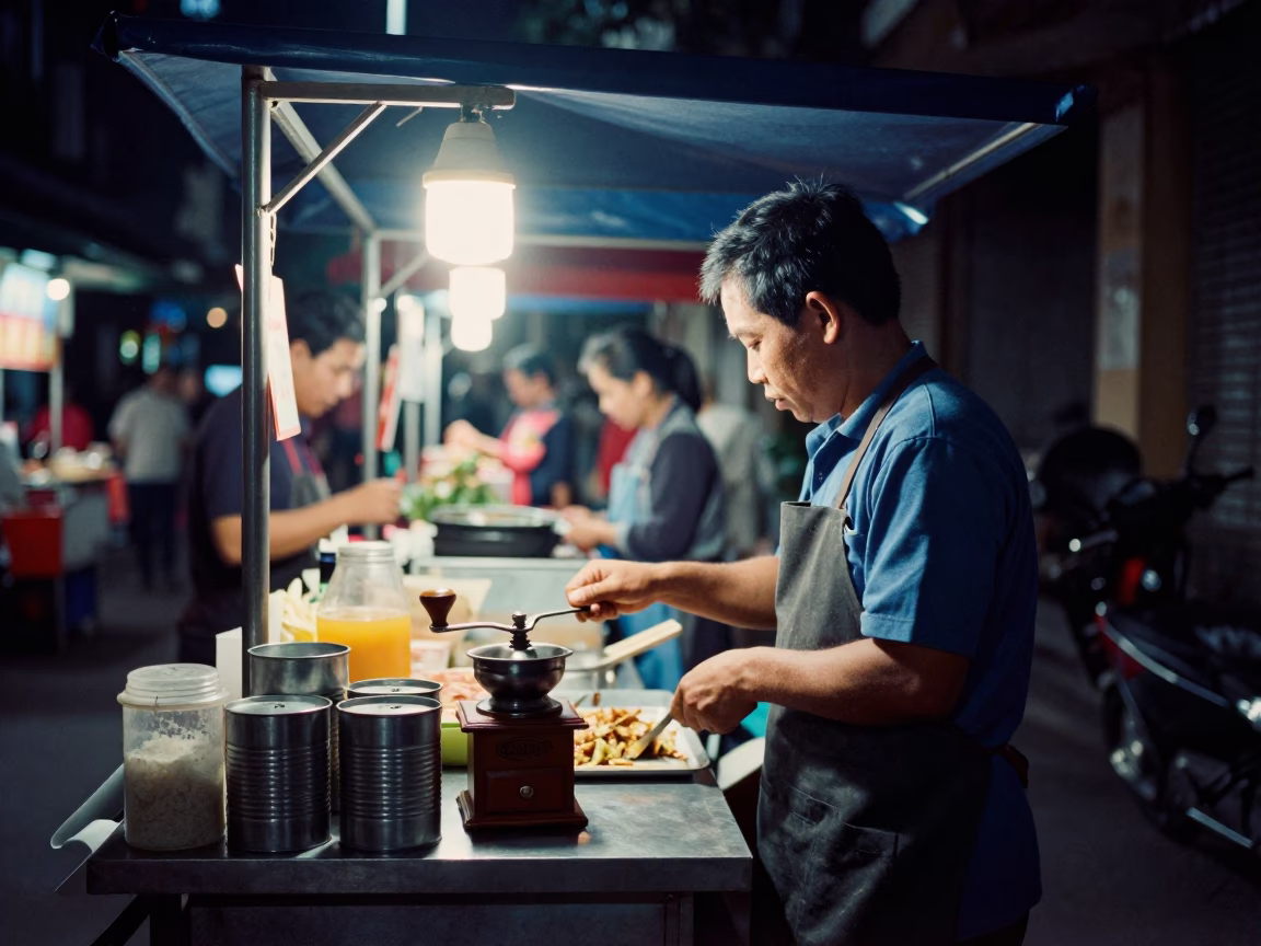 Food Vendor in Hanoi at The Deepest Night Sky Light in in Hanoi, Vietnam