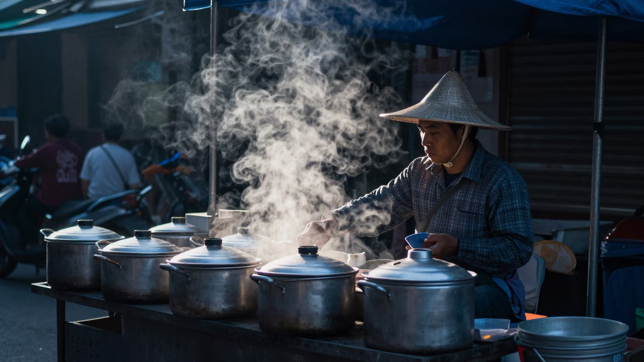 Food Vendor in Ho Chi Minh City at Sunrise Light in in Ho Chi Minh City, Vietnam