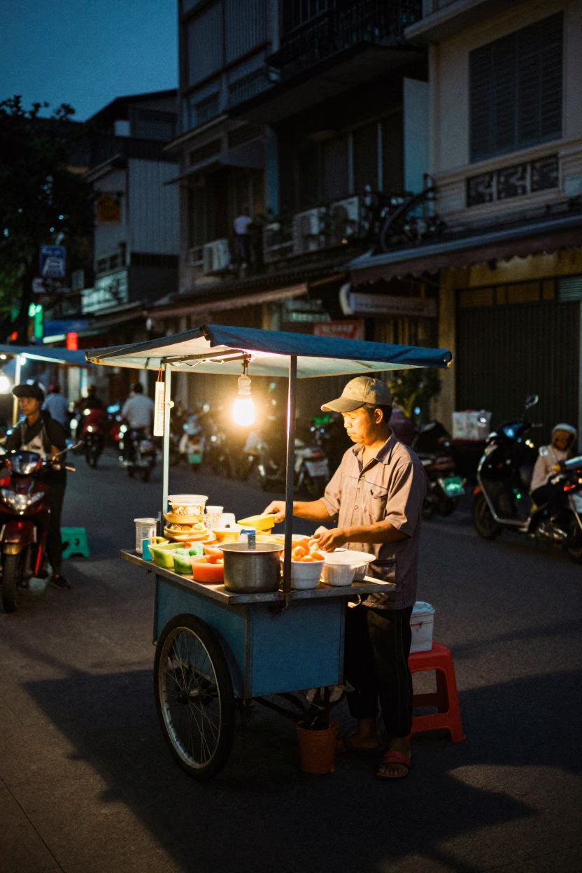 Food Vendor in Ho Chi Minh City at The Predawn Darkness Light in in Ho Chi Minh City, Vietnam