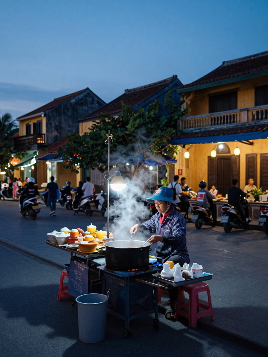 Food Vendor in Hoi An at The Still Hours Before Dawn Light in in Hoi An, Vietnam