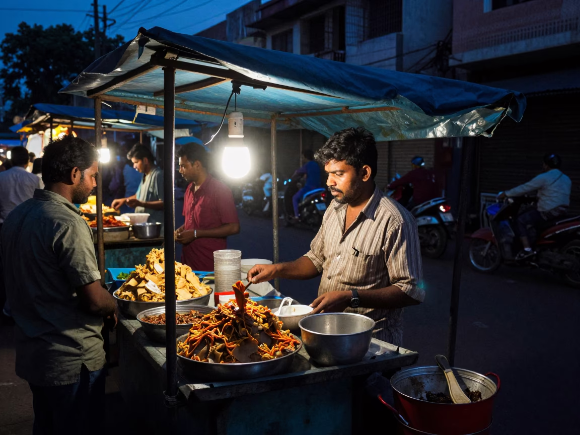 Food Vendor in Hyderabad at The Predawn Darkness Light in in Hyderabad, India