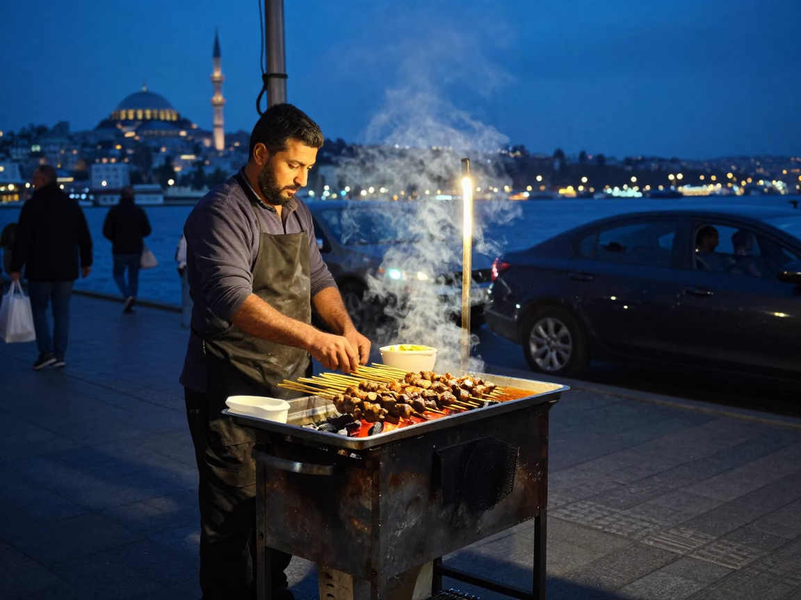 Food Vendor in Istanbul at The Last Blue Light Of Evening in in Istanbul, Turkey