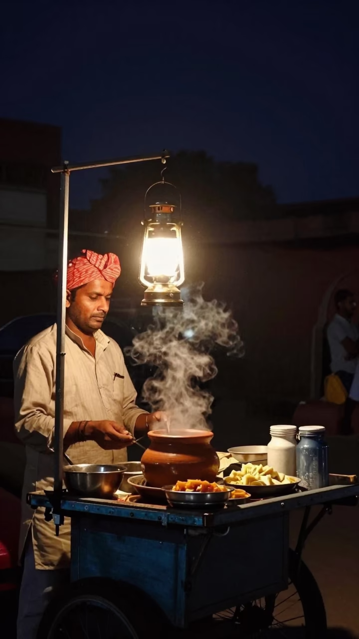 Food Vendor in Jaipur at The Deepest Night Sky Light in in Jaipur, India