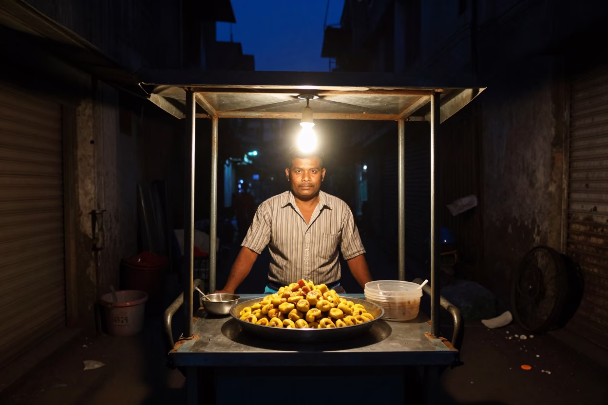 Food Vendor in Kolkata at The Deepest Night Sky Light in in Kolkata, India