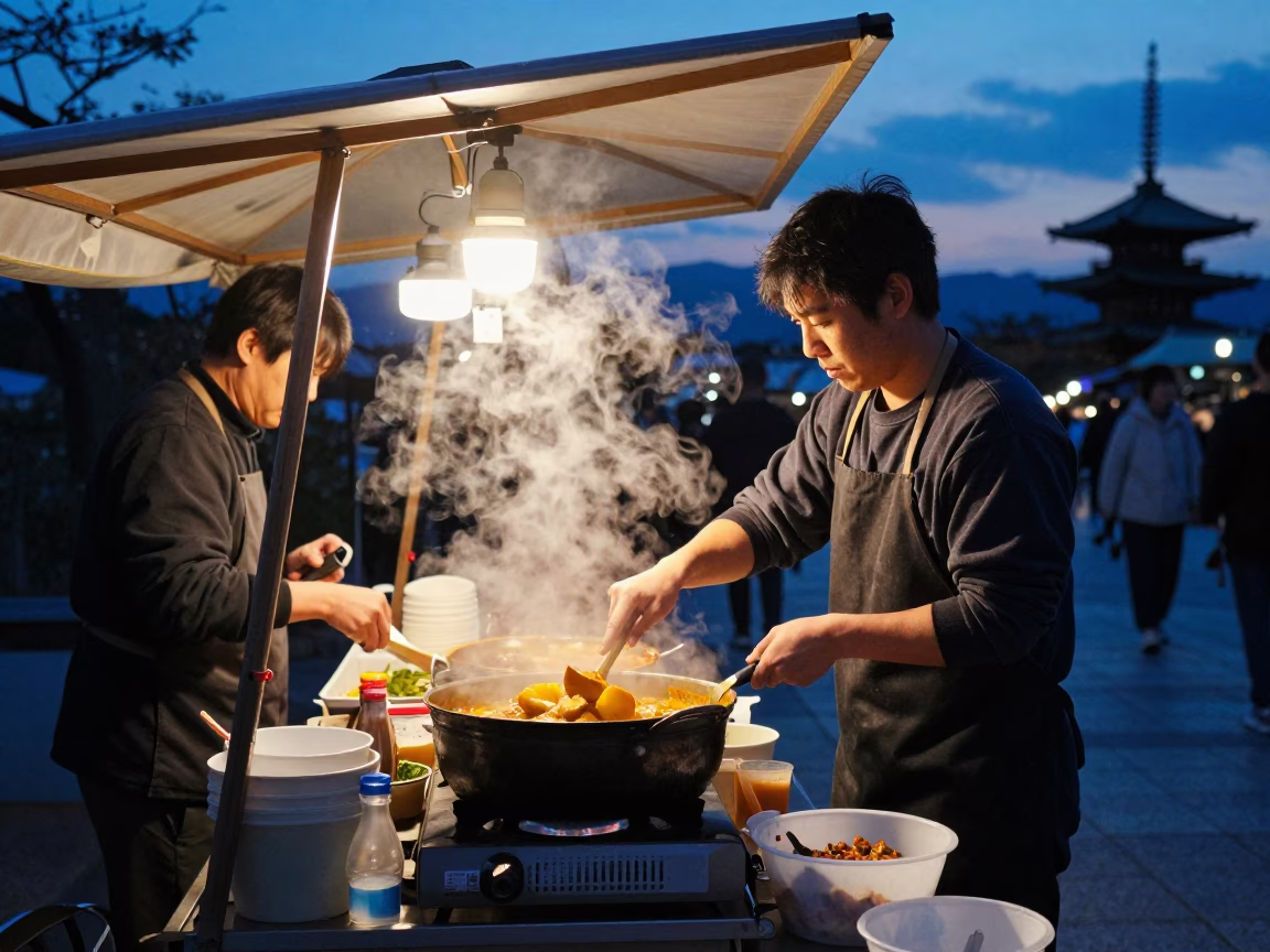 Food Vendor in Kyoto at Indigo Twilight After Sunset in in Kyoto, Japan