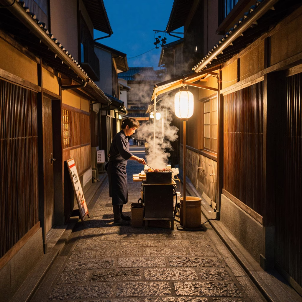 Food Vendor in Kyoto at Late At Night Light in in Kyoto, Japan