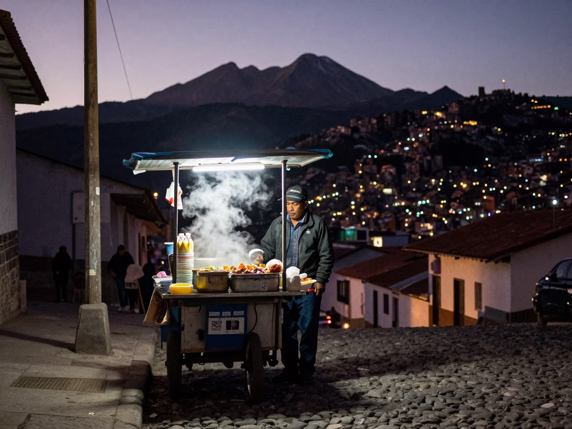 Food Vendor in La Paz at Late At Night Light in in La Paz, Bolivia