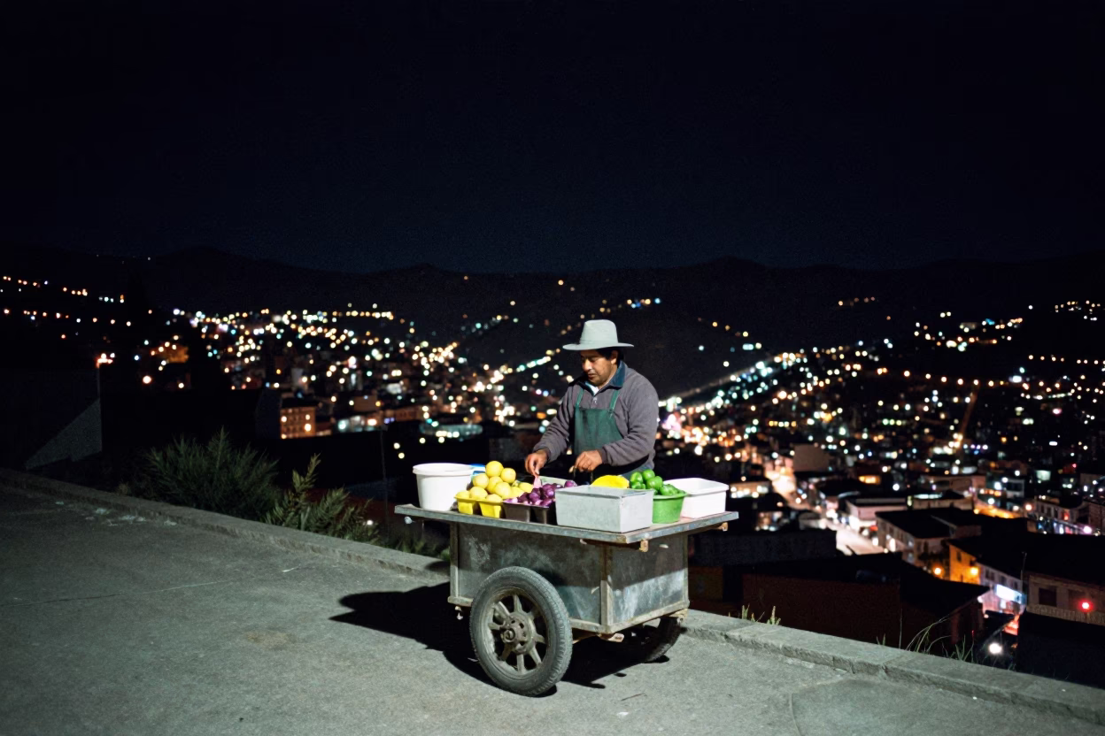 Food Vendor in La Paz at The Deepest Night Sky Light in in La Paz, Bolivia