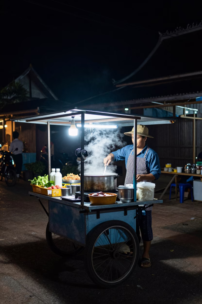 Food Vendor in Luang Prabang at Deep In The Night Light in in Luang Prabang, Laos