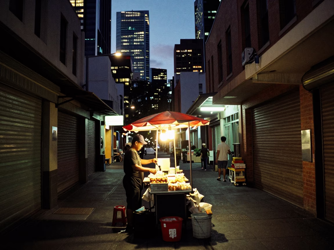 Food Vendor in Melbourne at As City Lights Begin To Glow in in Melbourne, Victoria, Australia