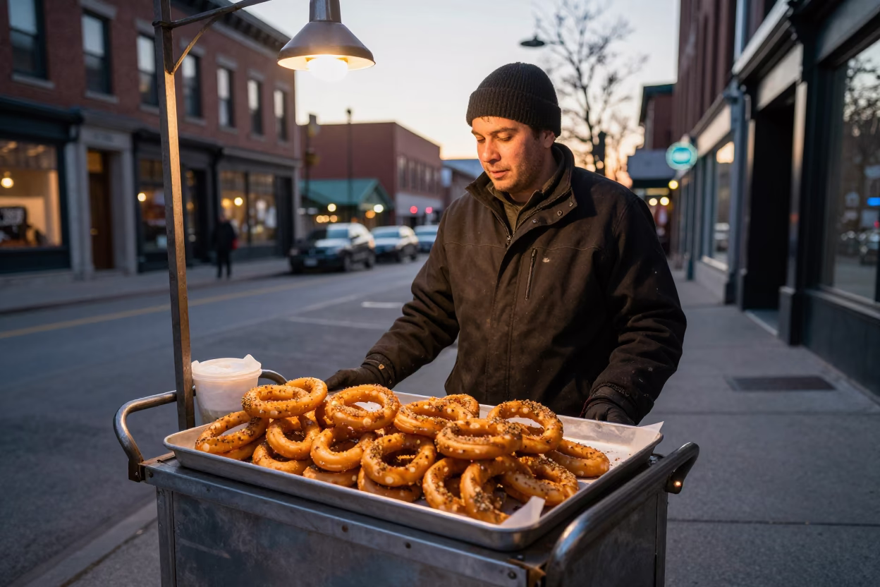 Food Vendor in Montreal at The Early Evening Light in in Montreal, Quebec, Canada