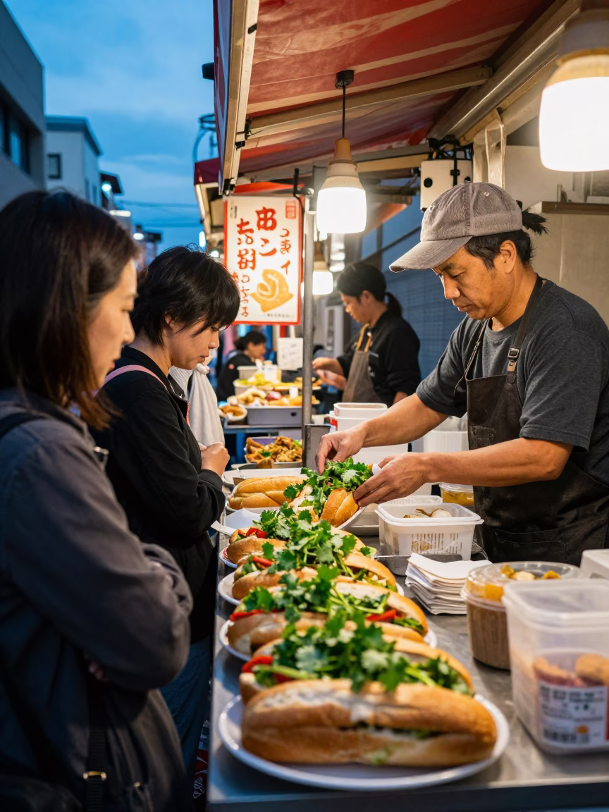 Food Vendor in Osaka at The Early Evening Light in in Osaka, Japan