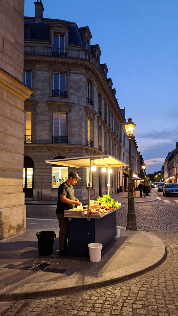 Food Vendor in Paris at As City Lights Begin To Glow in in Paris, France