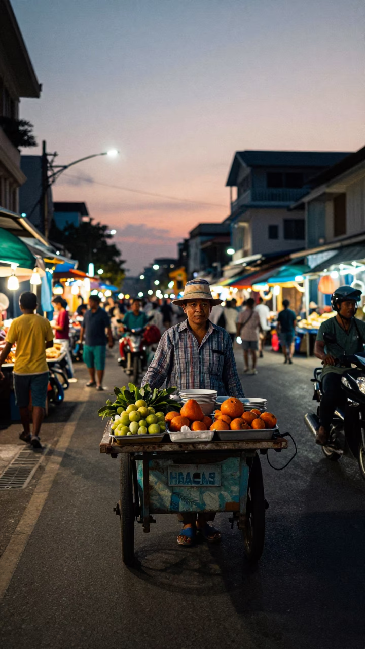 Food Vendor in Phnom Penh at As City Lights Begin To Glow in in Phnom Penh, Cambodia