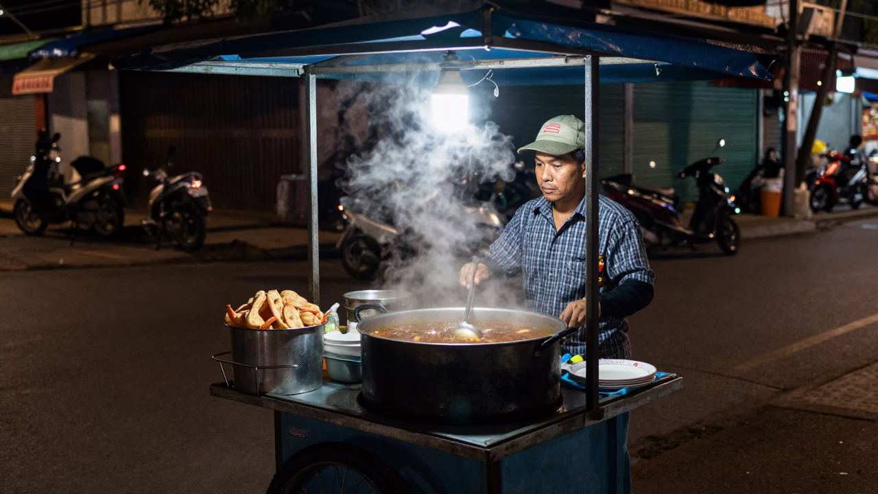 Food Vendor in Phnom Penh at Late At Night Light in in Phnom Penh, Cambodia