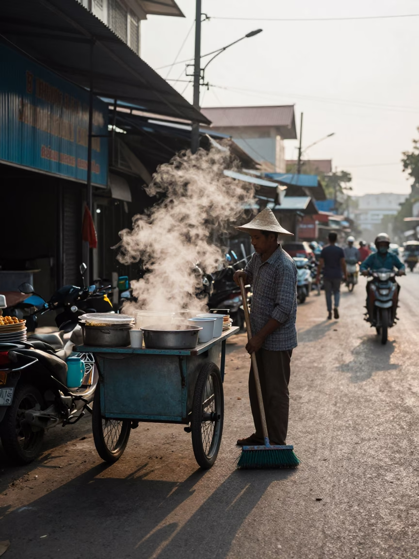 Food Vendor in Phnom Penh at Sunrise Light in in Phnom Penh, Cambodia