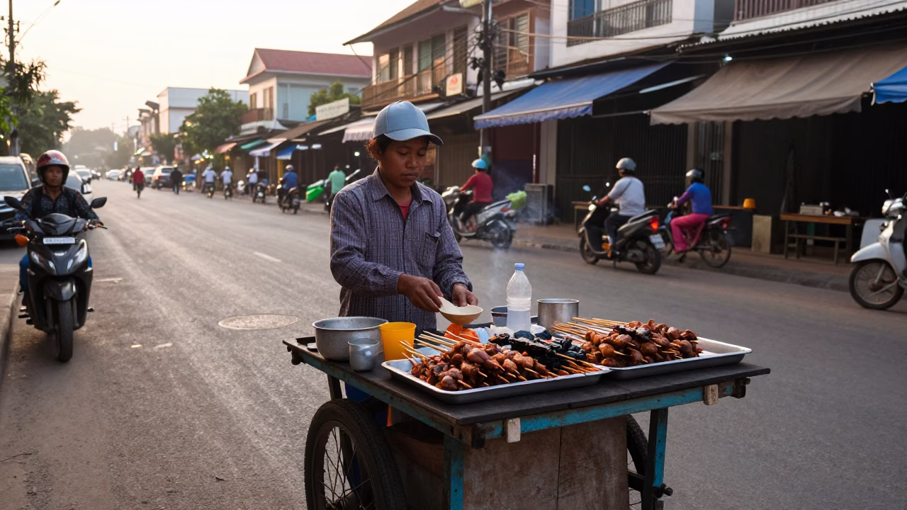 Food Vendor in Phnom Penh at The Early Morning Light in in Phnom Penh, Cambodia