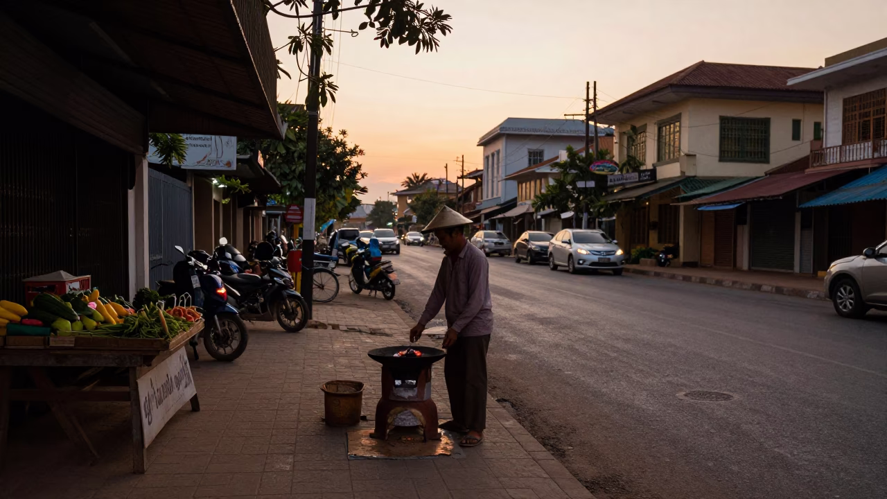 Food Vendor in Phnom Penh at The Still Hours Before Dawn Light in in Phnom Penh, Cambodia