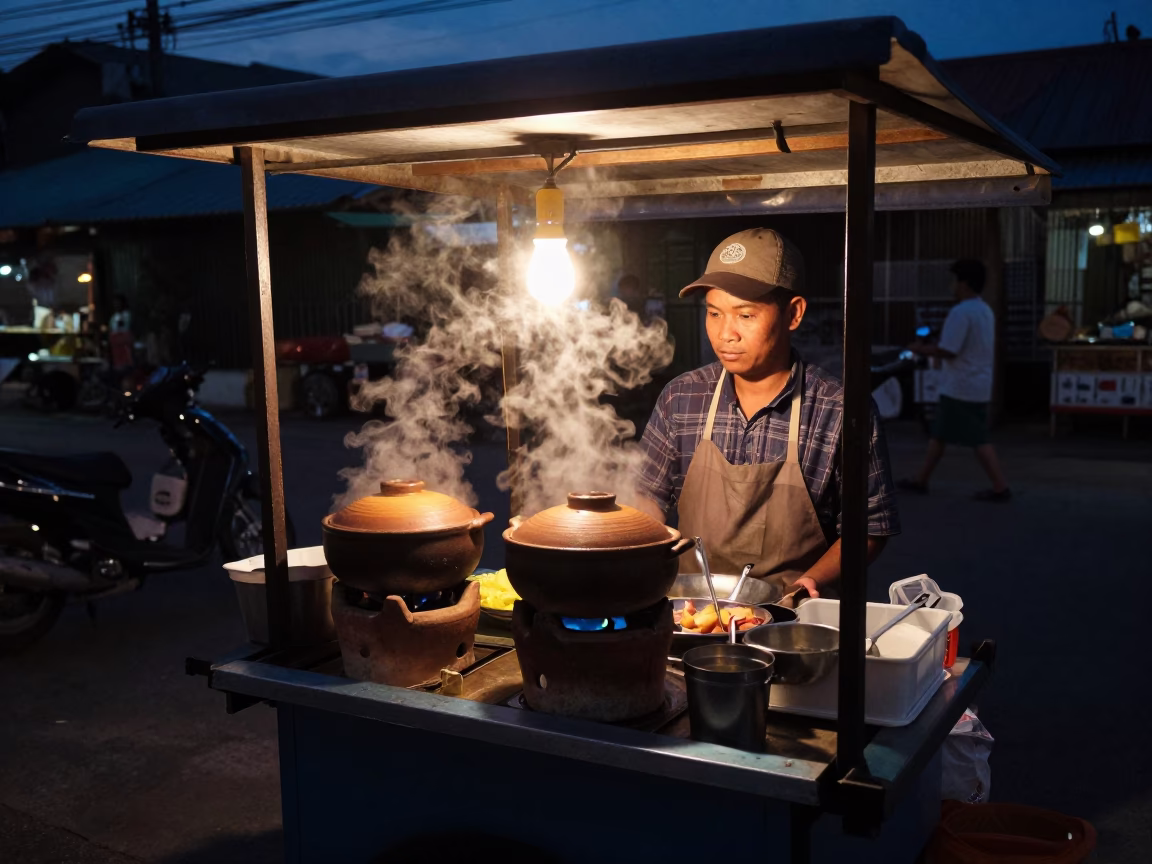 Food Vendor in Phuket at The Predawn Darkness Light in in Phuket, Thailand