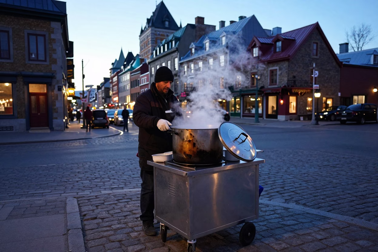Food Vendor in Quebec City at The Still Hours Before Dawn Light in in Quebec City, Quebec, Canada