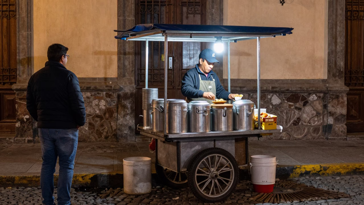 Food Vendor in Quito at Late At Night Light in in Quito, Ecuador