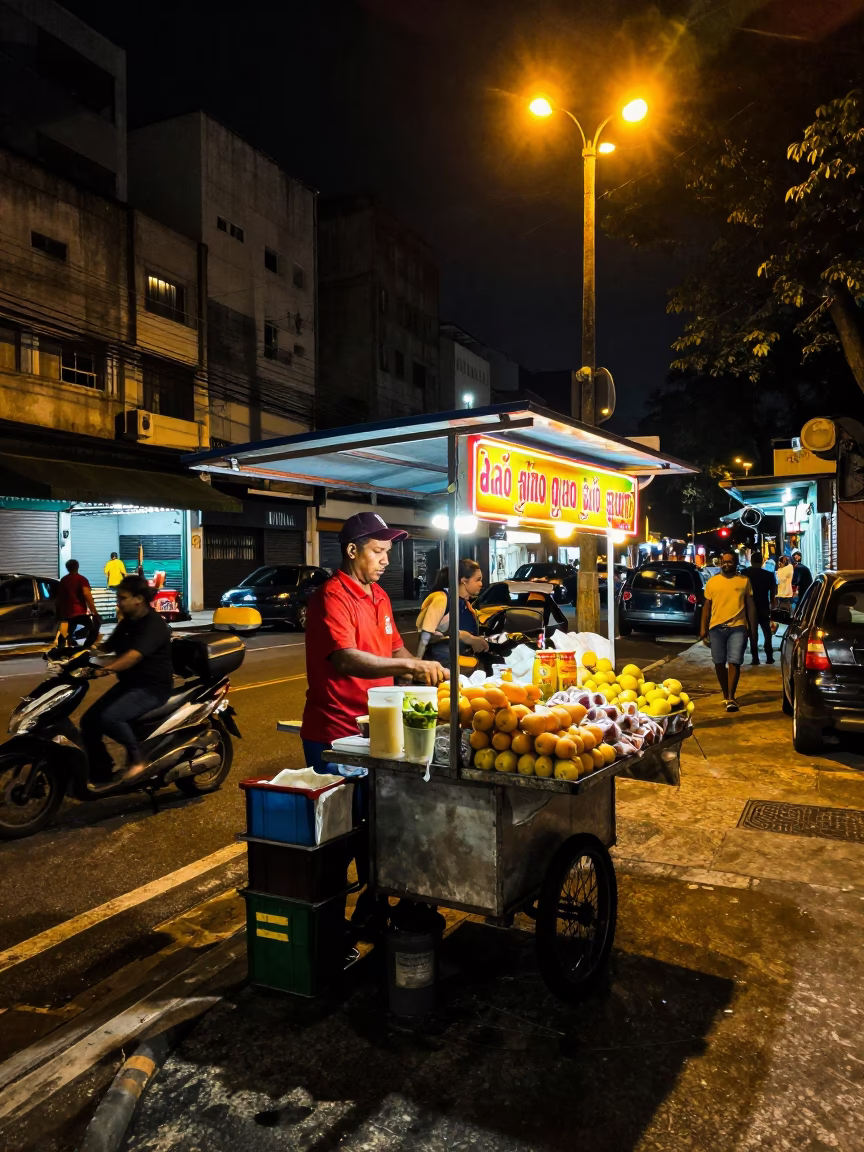 Food Vendor in São Paulo at Late At Night Light in in São Paulo, Brazil