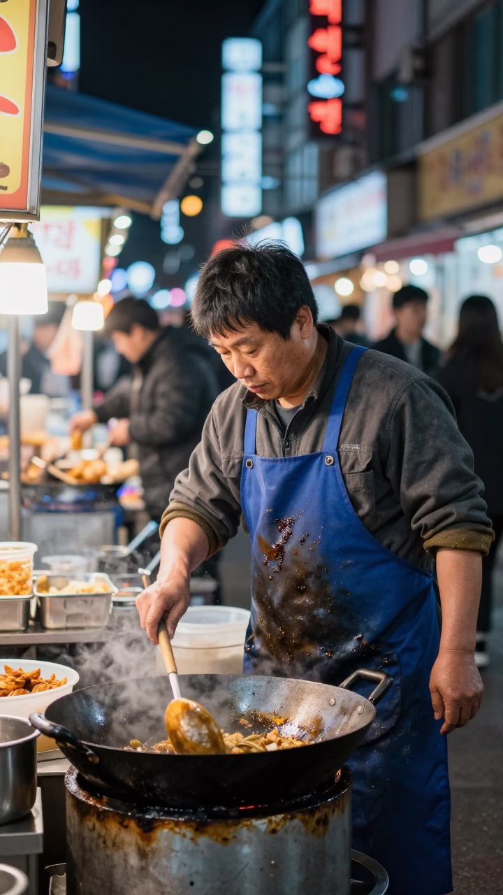 Food Vendor in Seoul at Midnight Light in in Seoul, South Korea