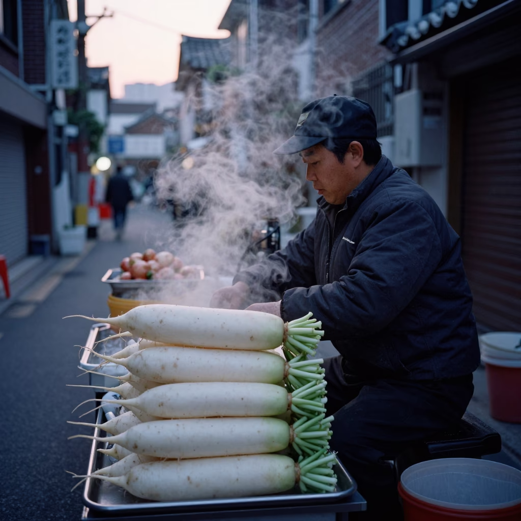 Food Vendor in Seoul at Sunrise Light in in Seoul, South Korea