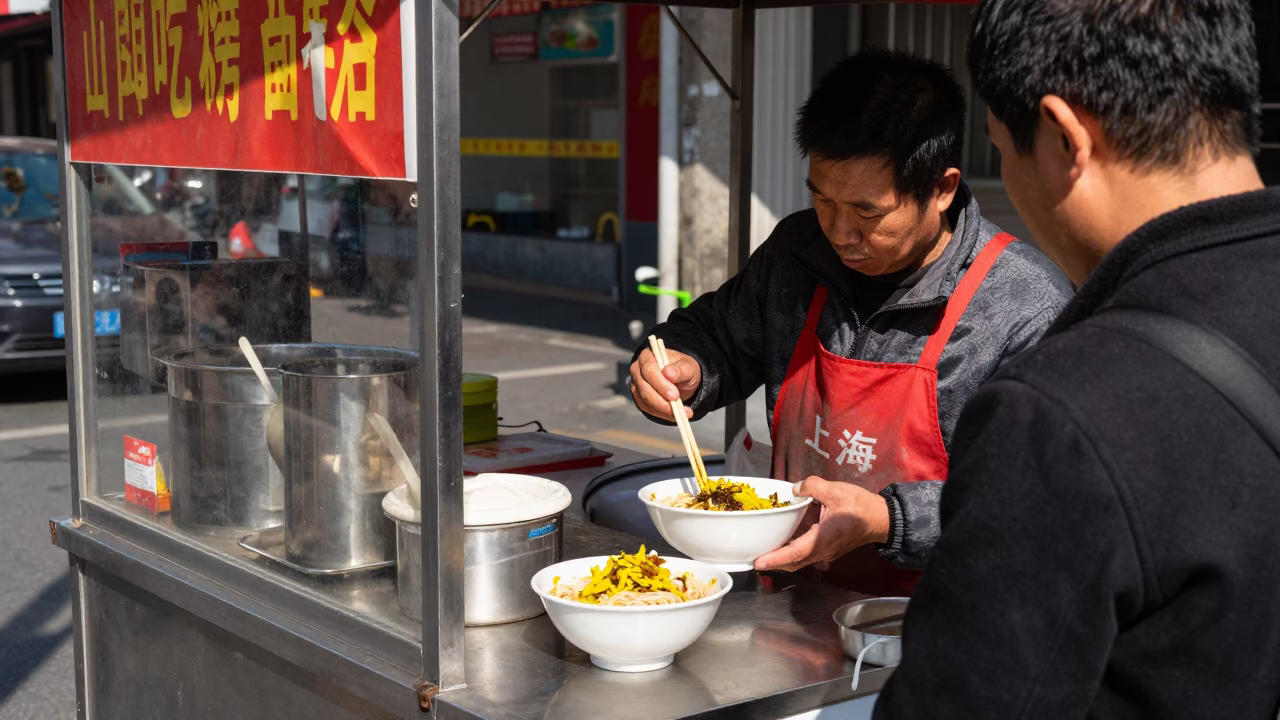 Food Vendor in Shanghai at The Flat Glare Of Noon Light in in Shanghai, China