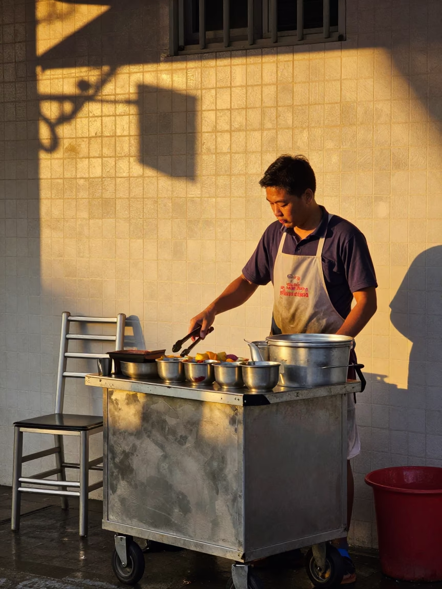 Food Vendor in Singapore at Golden Hour in in Singapore, Singapore