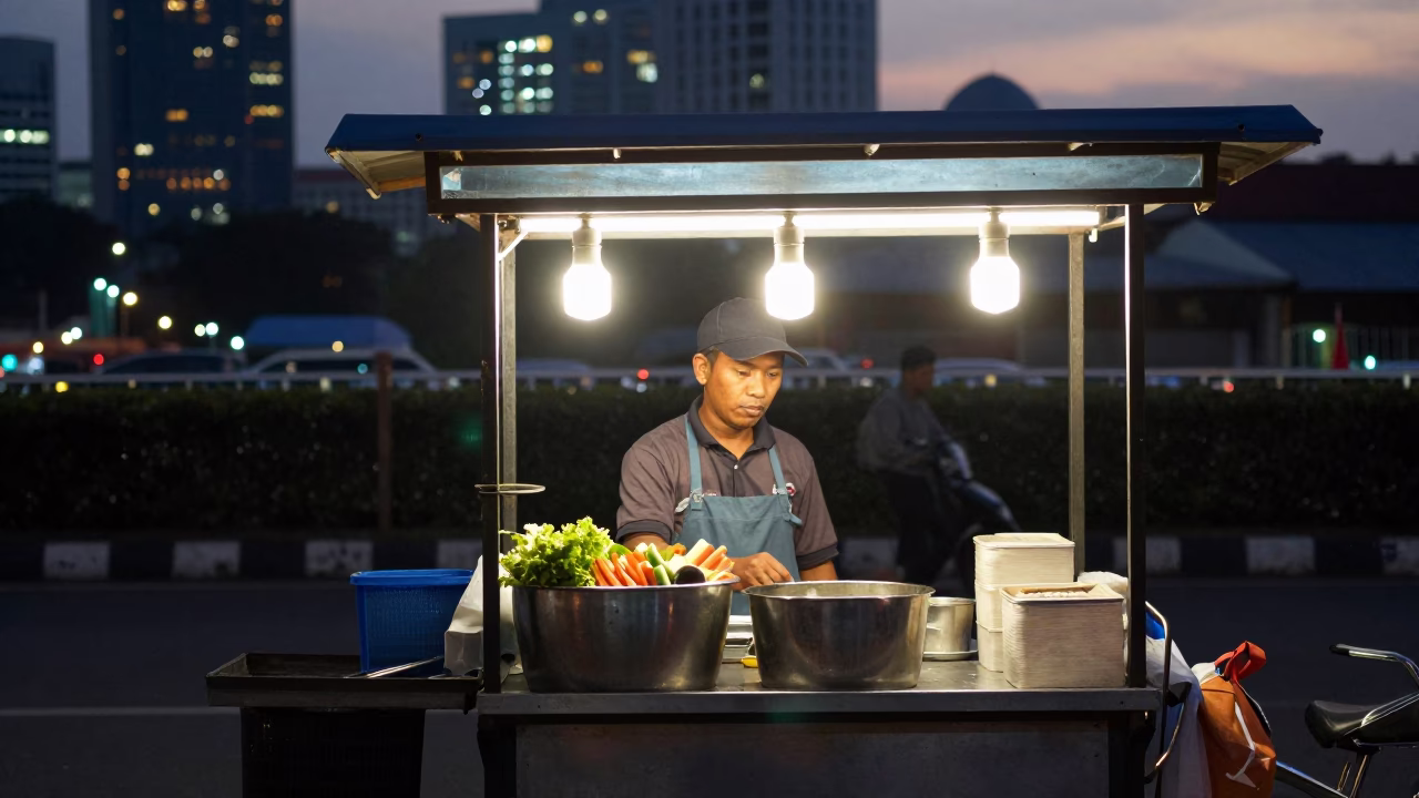 Food Vendor in Surabaya at As City Lights Begin To Glow in in Surabaya, Indonesia