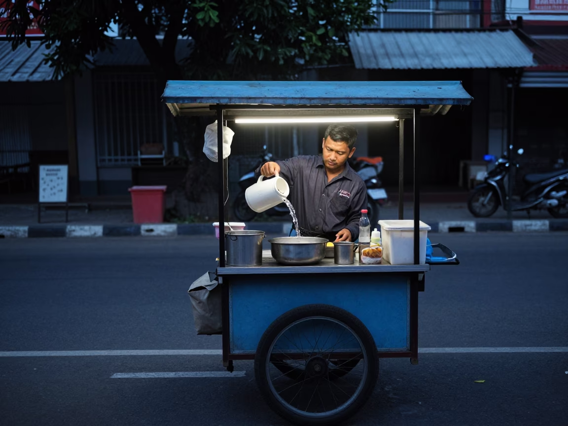 Food Vendor in Surabaya at Sunrise Light in in Surabaya, Indonesia