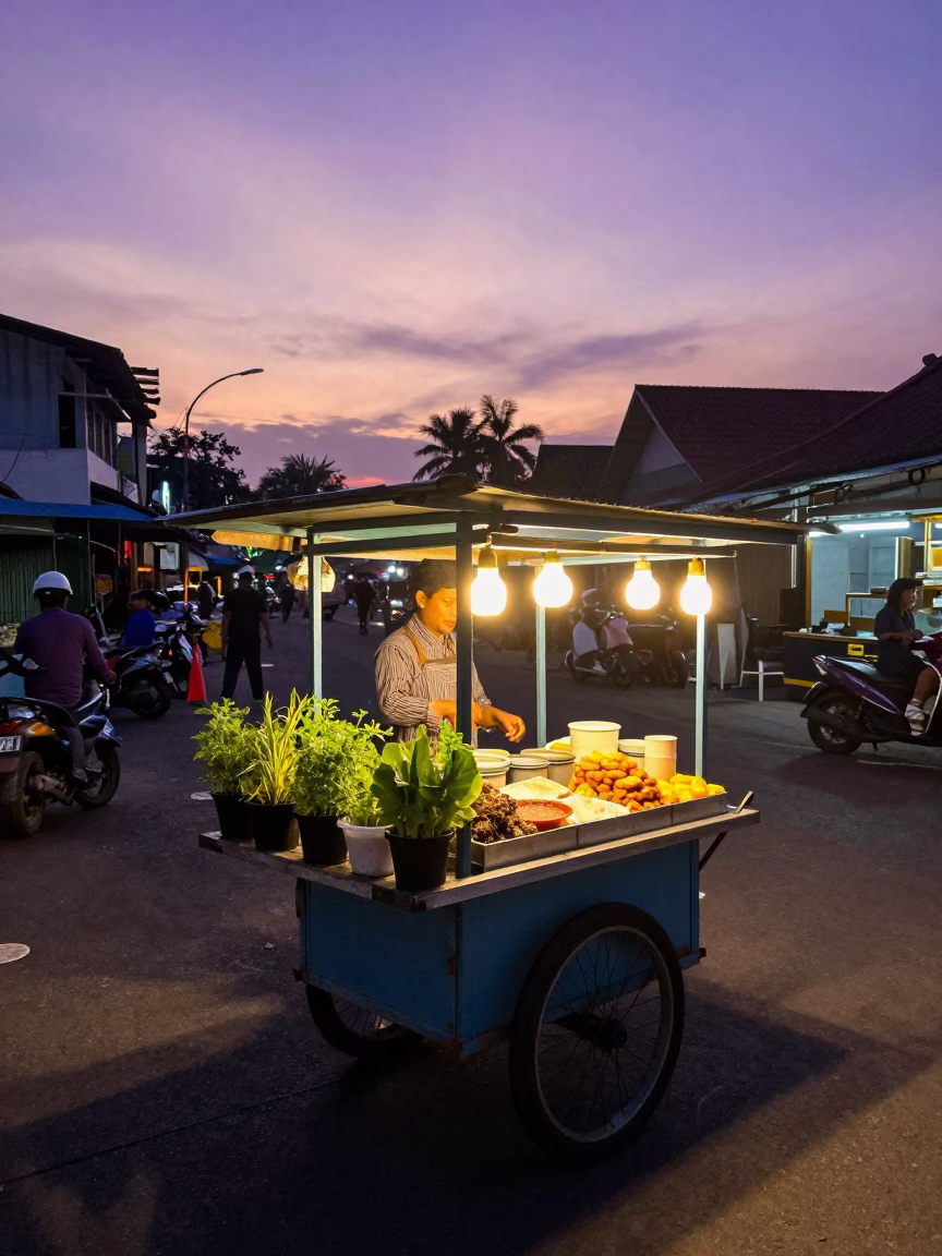 Food Vendor in Surabaya at Sunset Light in in Surabaya, Indonesia
