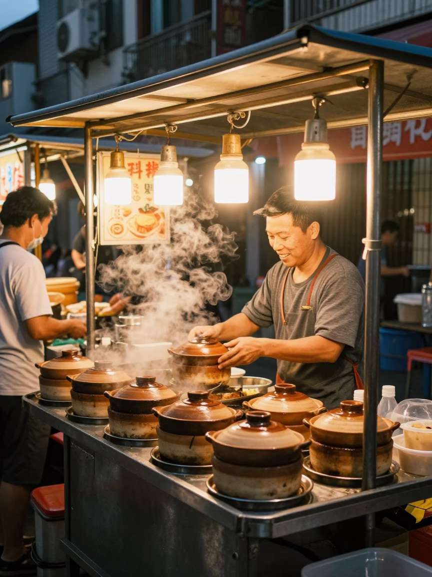 Food Vendor in Tainan at As City Lights Begin To Glow in in Tainan, Taiwan