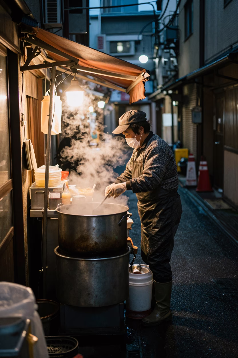 Food Vendor in Tokyo at Late At Night Light in in Tokyo, Japan