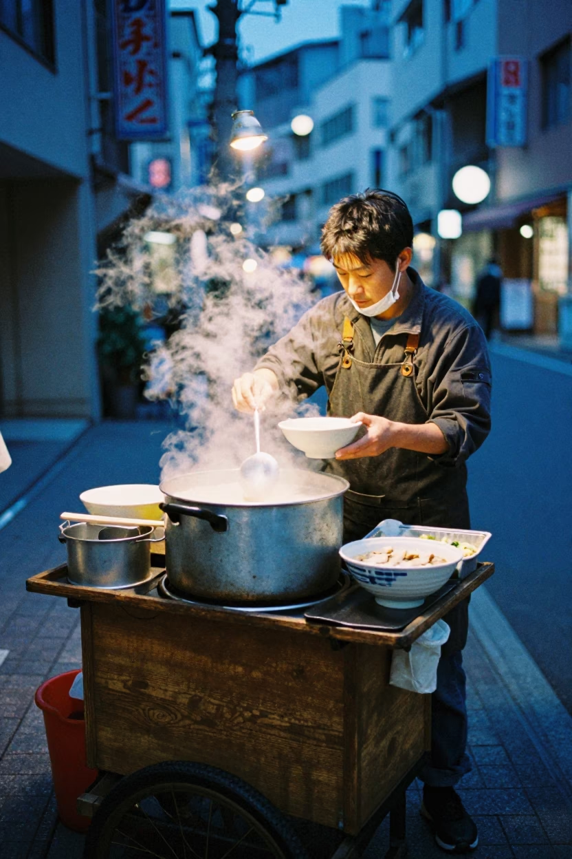 Food Vendor in Tokyo at The Last Blue Light Of Evening in in Tokyo, Japan
