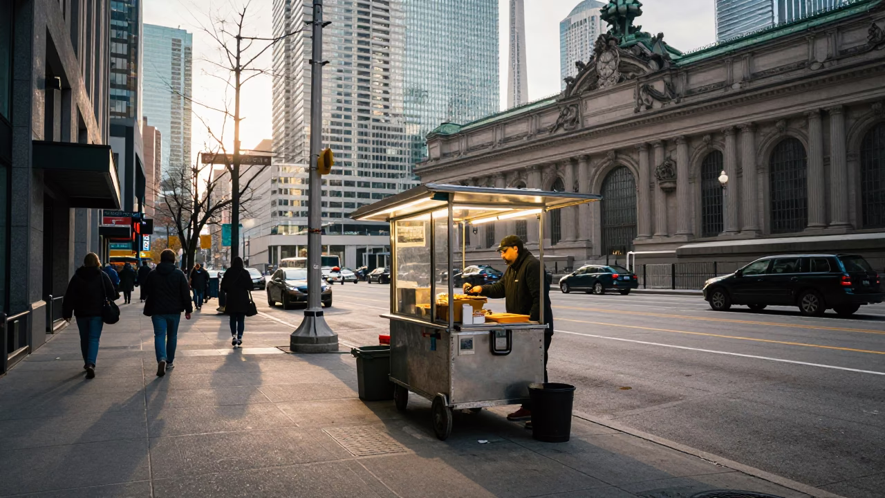 Food Vendor in Toronto at As First Light Reaches The Scene in in Toronto, Ontario, Canada