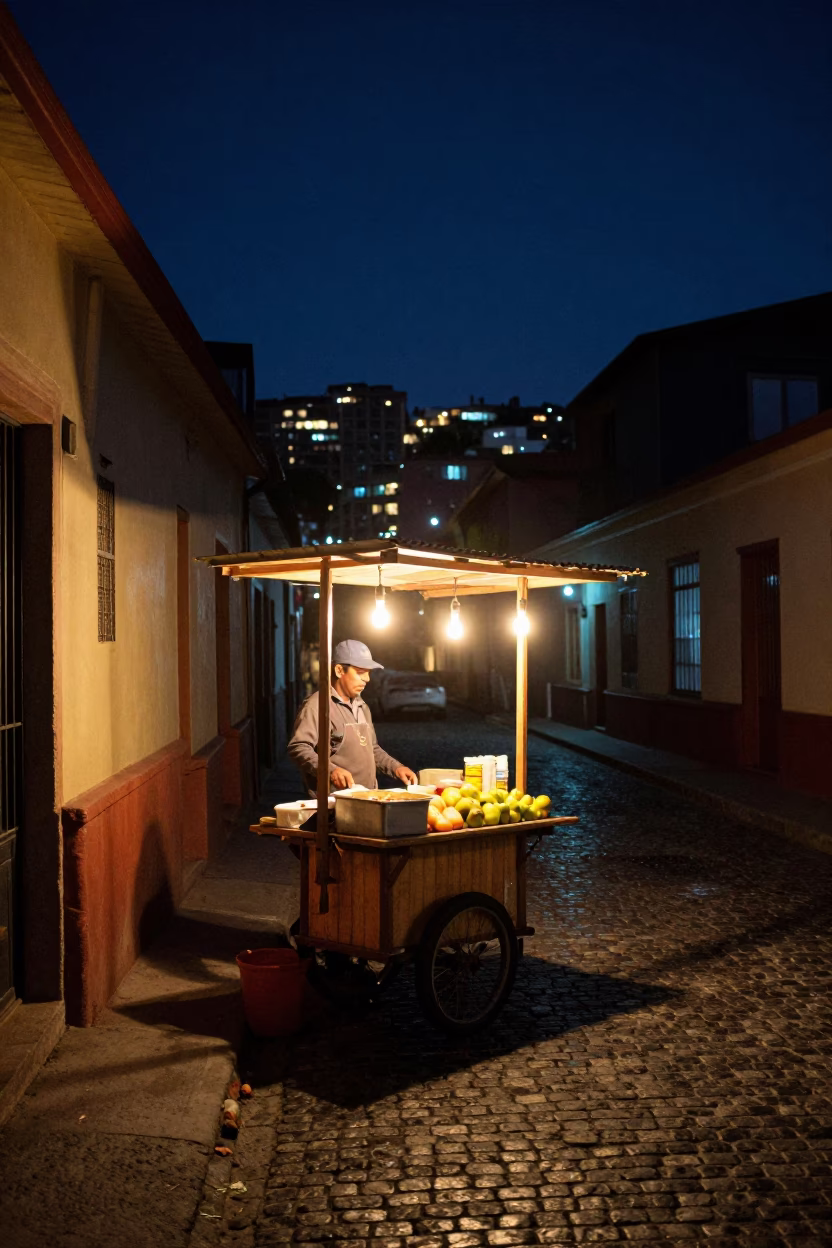 Food Vendor in Valparaiso at The Deepest Night Sky Light in in Valparaiso, Chile