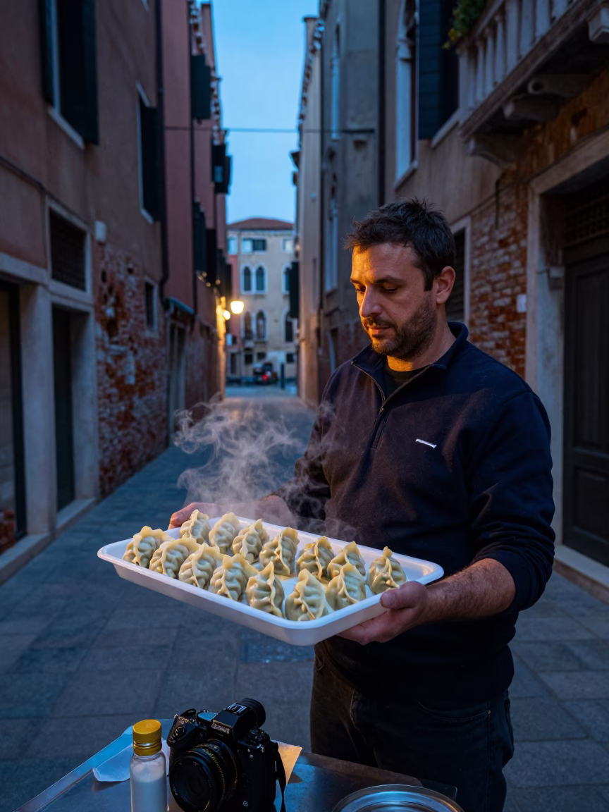 Food Vendor in Venice at The Last Blue Light Of Evening in in Venice, Italy