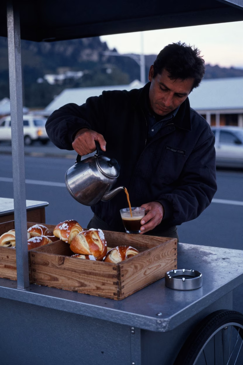 Food Vendor in Wellington at Sunrise Light in in Wellington, New Zealand