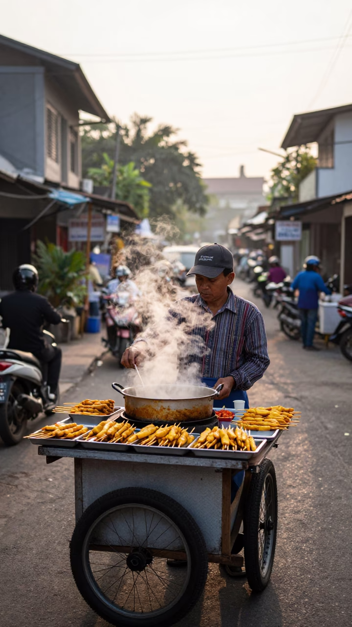 Food Vendor in Yogyakarta at The Early Morning Light in in Yogyakarta, Indonesia