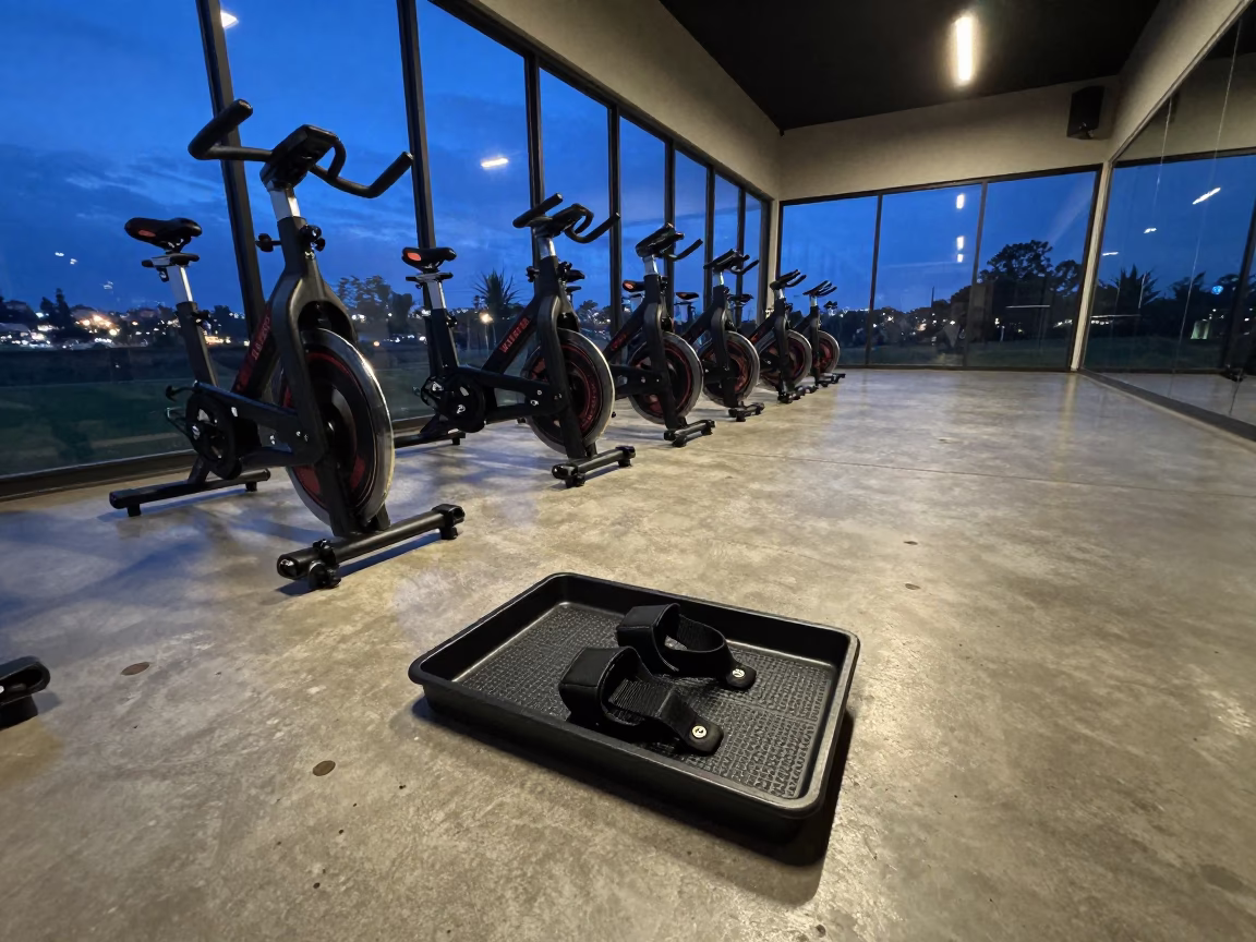 Foot Strap Tray in Nakuru Spin Studio Twilight in inside a spin studio under class lights near Nakuru