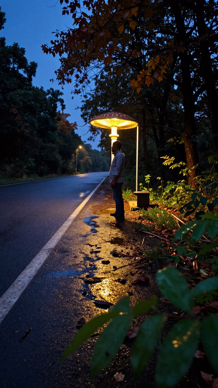 Forager in Indigo Twilight Monsoon Woods in at a roadside stop near Guwahati